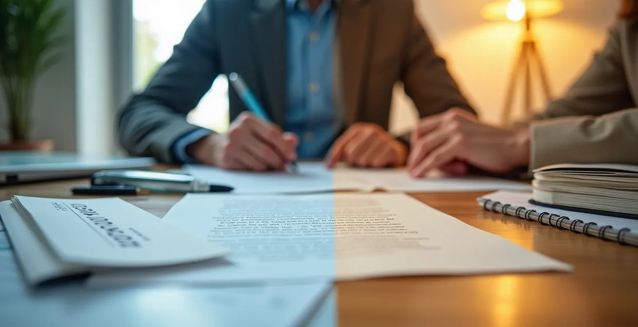 Photographie illustrant un bureau avec deux zones : une table avec contrats et une autre dédiée à un environnement écoénergétique avec équipements efficients
