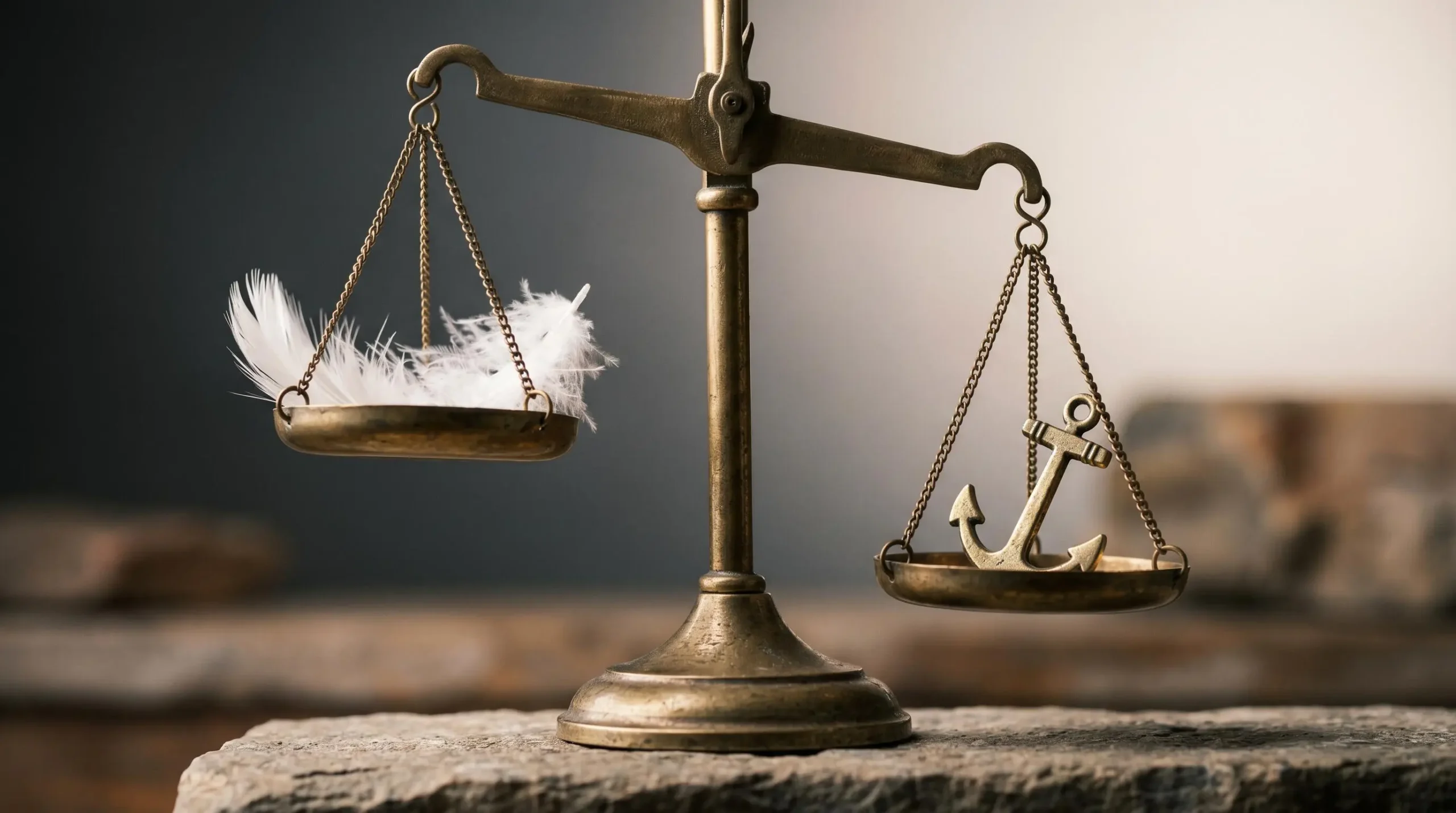 Gros plan d'une balance vintage en équilibre avec plumes blanches d'un côté et ancre métallique de l'autre, symbolisant stabilité face à volatilité, fond dégradé sombre