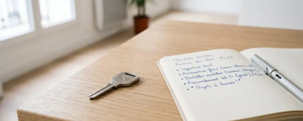 Clé moderne et carnet ouvert sur bureau en bois clair éclairé par lumière naturelle douce symbolisant le démarrage d'activité professionnelle