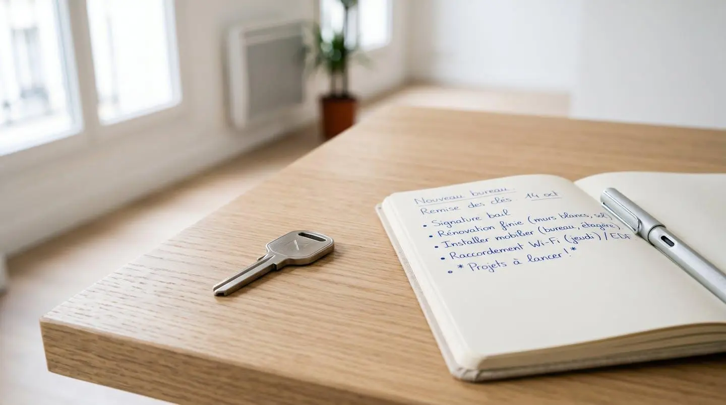 Clé moderne et carnet ouvert sur bureau en bois clair éclairé par lumière naturelle douce symbolisant le démarrage d'activité professionnelle