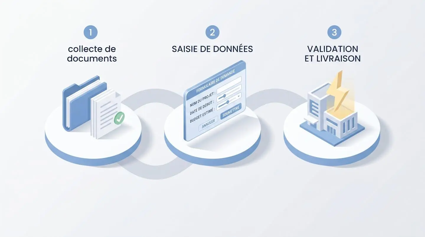 Illustration isométrique en trois étapes montrant le processus de souscription : documents, transmission en ligne et activation