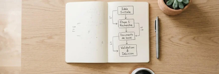 Vue aérienne d'une table en bois clair avec carnet ouvert montrant un schéma de processus dessiné à la main en français, stylo, tasse de café et petite plante verte, ambiance lumineuse et organisée